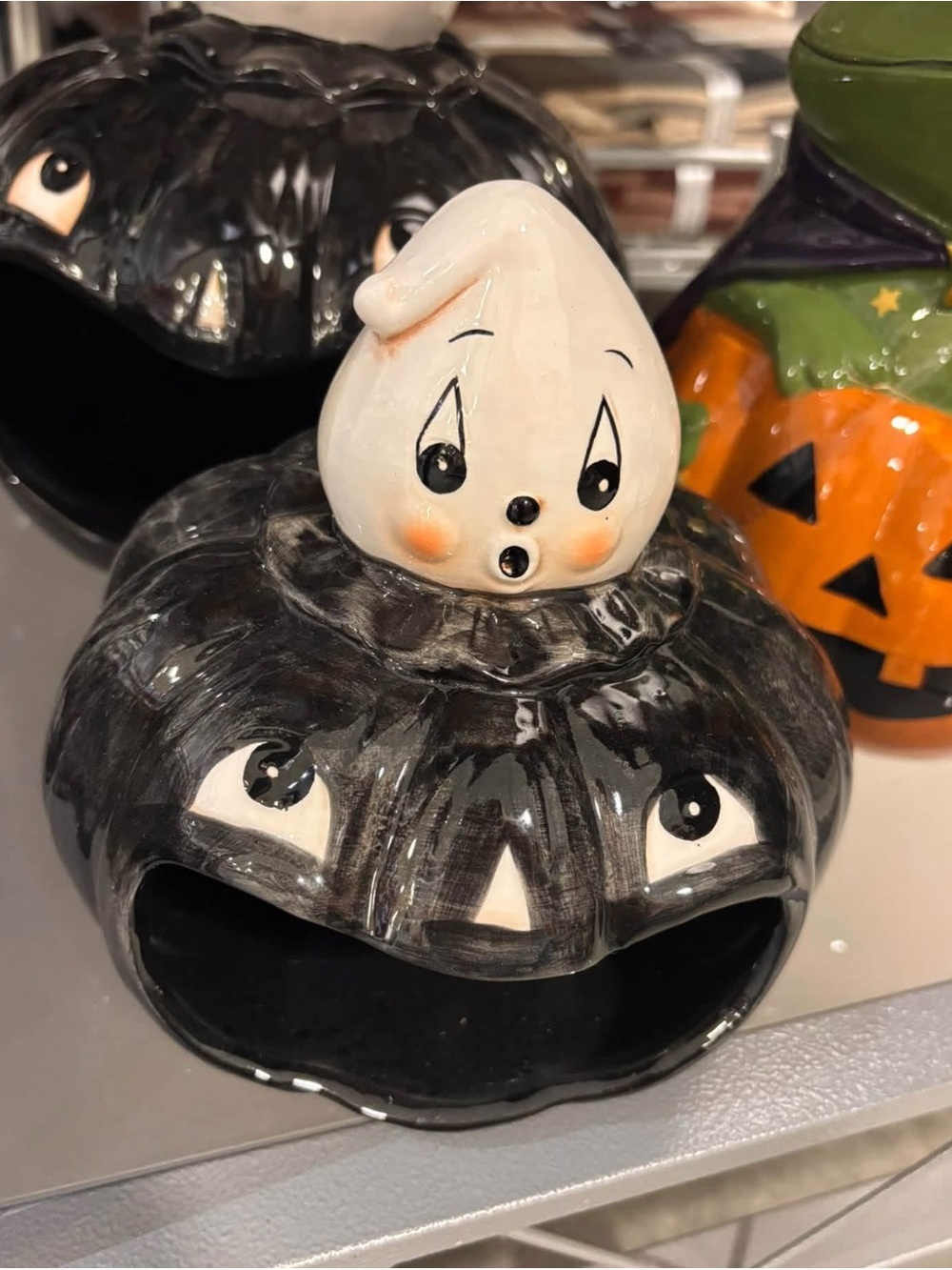 Johanna Parker Ceramic Black Pumpkin Candy Dish with White Ghost Accent -